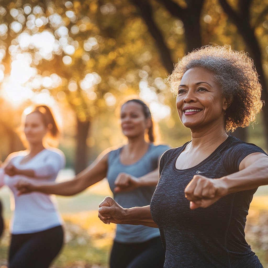 Group of women exercising outdoors in a park during golden hour